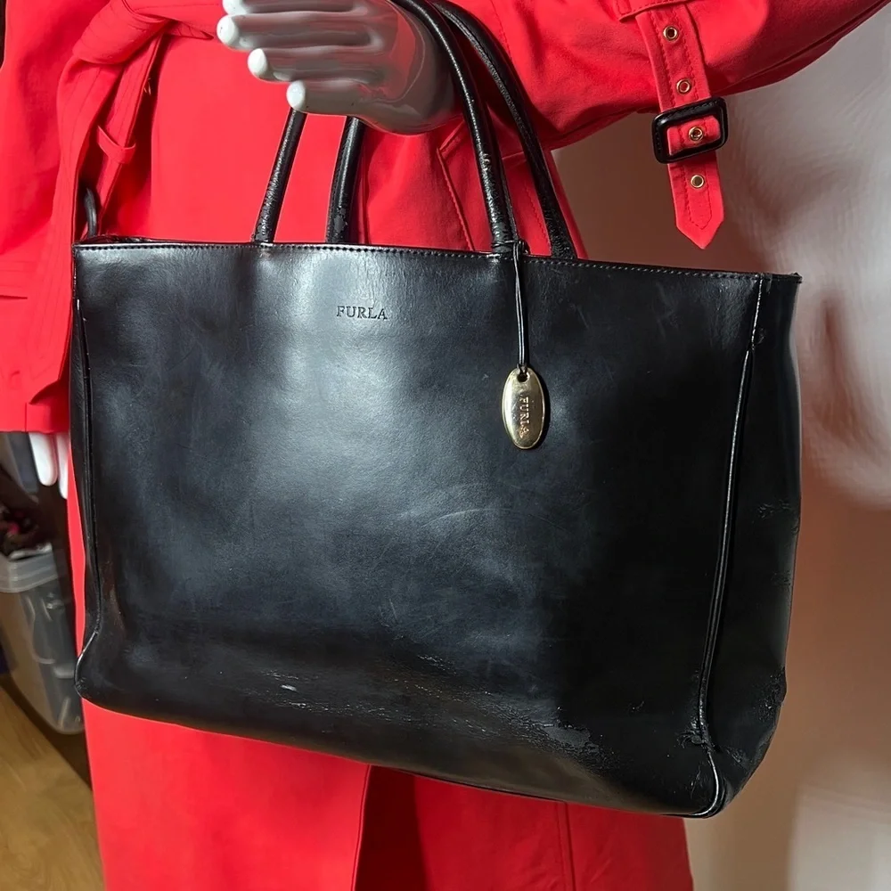 Furla Black Leather Tote Laptop Bag with Shoulder Strap